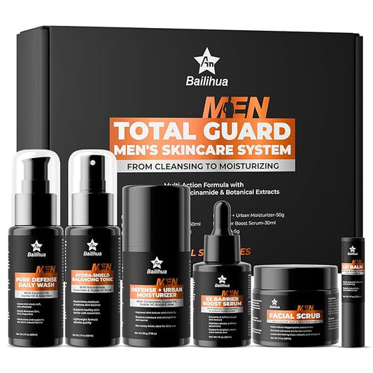Mens Skincare Skin Care Set for Men Him Complete Routine Kit with Niacinamide & Ceramides - Face Cleanser, Scrub, Toner, Serum, Moisturizer Cream, Lip Balm - Christmas, Father’s Day Gifts for Men
