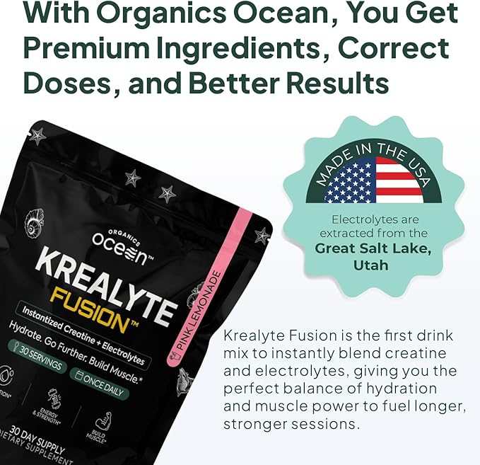 Organics Ocean Krealyte Fusion - Instantized Creatine Monohydrate Powder with Electrolytes - Muscle Strength, Endurance & Hydration Support - Vegan, Sugar-Free, Pink Lemonade Flavor - 60 Servings