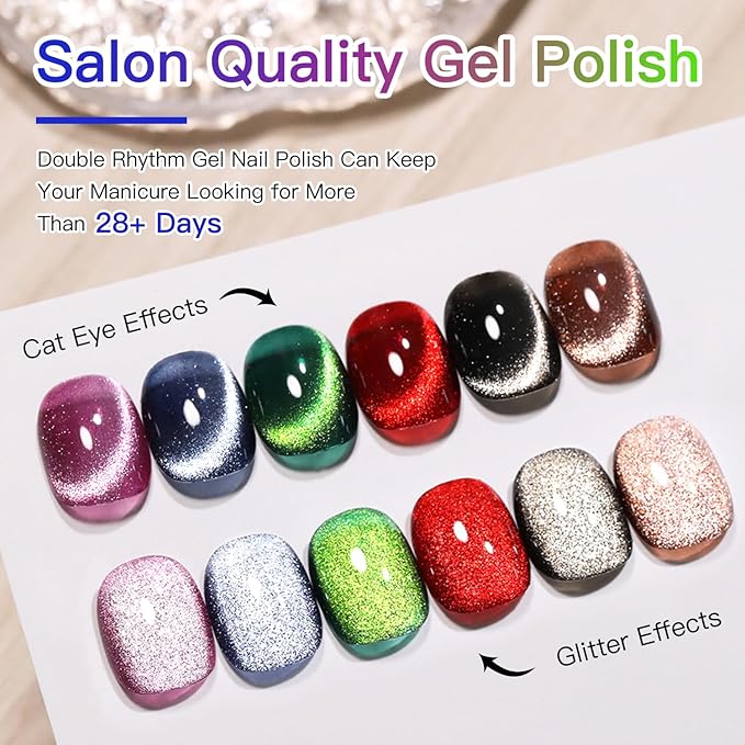 Double Rhythm 6 Colors Cat Eye Gel Polish Set Shimmer Glitter with Magnet Holographic Reflective Magnetic UV Nail Art Kit (6-Kit 26)