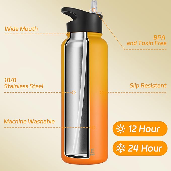 HASLE OUTFITTERS 40oz Stainless Steel Water Bottle, Vacuum Insulated Double Walled Leak Proof Sports Water Bottle with 2 Lids (Straw and Spout Lid) Keep Cold and Hot(Yellow Orange Gradient,1)