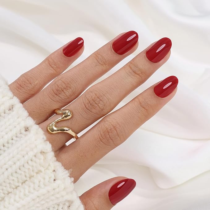 Red Press on Nails Oval for Women Gift - Soft Gel Press on Nails Short with Glue, Fit Perfectly & Natural Glue on Nails in 16 Sizes - 32 Reusable Fake Nails, Cherry Red