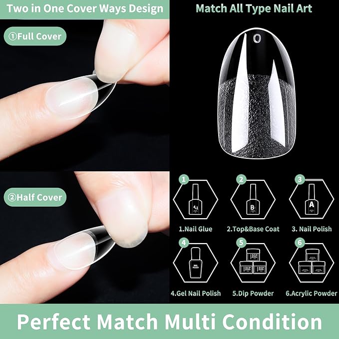 Medium Round Oval Nail Tips, 216pcs Acrylic Fake Nails Gel Nail Tips Soft, Full Cover Pre-Shaped Matte Clear Press on Nails for Extension, Diy at Home Manicure 12 Sizes