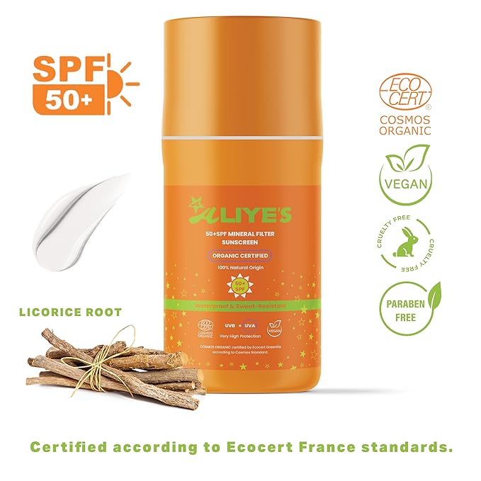 Aliye’s Organic Sunscreen SPF 50+ | Ecocert Cosmos Certified | 100% Mineral & Vegan Sun Protection | Safe for Sensitive Skin | 50ml (White)