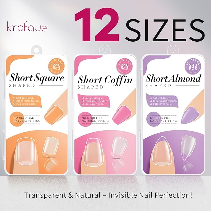 krofaue 3 Styles Short Nail Tips Kit - 720PCS Half Matte Coffin, Almond, Square Fake Nails Full Cover Press on Extension for Soft Gel Tips Set Art DIY Home
