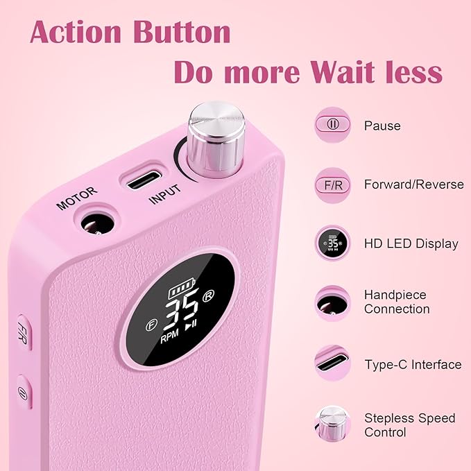 Nail Drill Kit Professional 35000RPM, Cordless Electric Nail File Drills Machine Uñas, Portable Rechargeable Efile 7 Bit Manicure Pedicure for Acrylic Nails Gel Remover Salon Home Tools, Pink