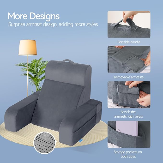 Kayfia Reading Pillow, 10 in 1 Back Pillow for Bed Sitting up with Detachable Arms Rest, Back Rest with Gel Memory Foam, Husband Pillow for Reading/Gaming/Working in Bed or Couch 19", Gray