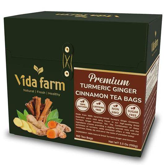 VIDA FARM 100 Turmeric Ginger Cinnamon Tea Bags, Golden Spice Special Blend, 100% Pure and Natural Dried Turmeric Ginger Cinnamon Mix, Non-GMO, No Sugar, No Caffeine, Gluten-Free, Vegan