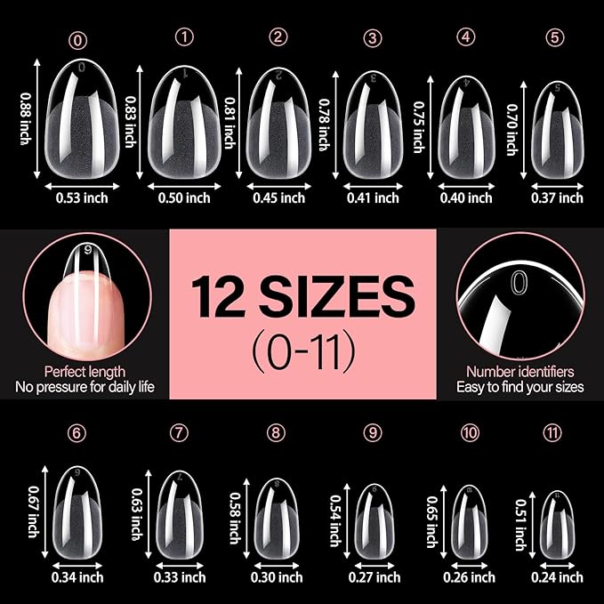 AILLSA Short Oval Nail Tips Full Cover Clear Gelly Nails Tip Half Matte Acrylic Tips Pre-Filed Fake Press on Nail Tips for Extension Home DIY Salon Manicure 216PCS 12 Sizes