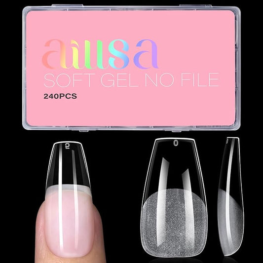 AILLSA Long Coffin Nail Tips - 240pcs Thickened Pre-shaped False Nail Tips Half Matte Nails Tips, Acrylic Fake Nails Extension for Home Salon DIY