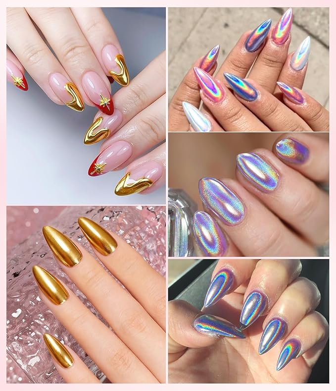 Gold Chrome Nail Powder - Sparkly Laser Holographic Nail Powder Metallic Mirror Effect Silver Nail Chrome POwder, White Pearl Pigment Holo Iridescent Glitter Dust Kit, Nail Art Decoration