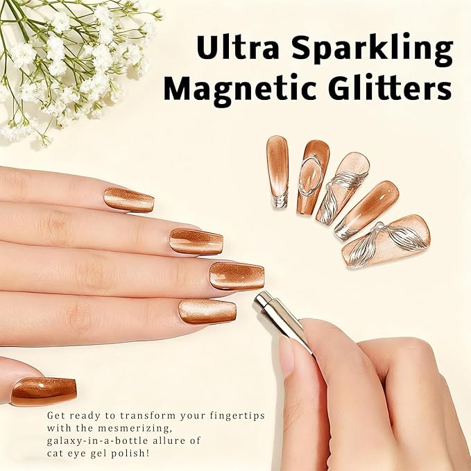 Gel Nail Polish Set, Cat Eye Gel Polish Kit, Holographic Reflective Magnetic Shimmer Glitter Brown White Pink Skin Tones Black Gel, Manicure Salon DIY Gifts, Soak Off, UV/LED Cured (9 Colors D)