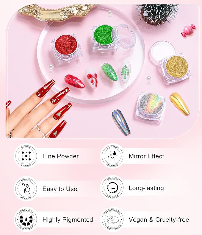 Gold Chrome Nail Powder - 4 Colors Christmas Red Green Laser Gold Nail Chrome Powder, Sparkly Holographic Chrome POwder for Nails Mirror Effect Glitter Pigment Dust - Christmas Nail Design