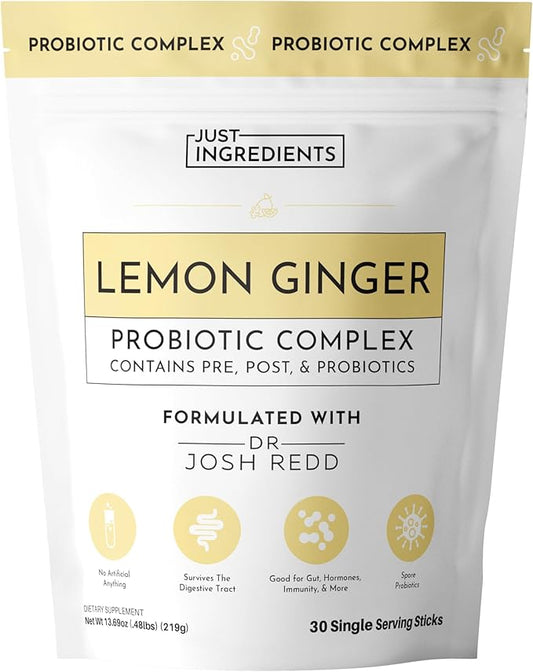 Lemon Ginger 3‑in‑1 Probiotic Complex – 30‑Stick Drink Mix with Prebiotics, Probiotics & Postbiotics – 5 Billion CFU Spore Strains + Lemon & Ginger Extracts – Gut, Immune & Digestive Support