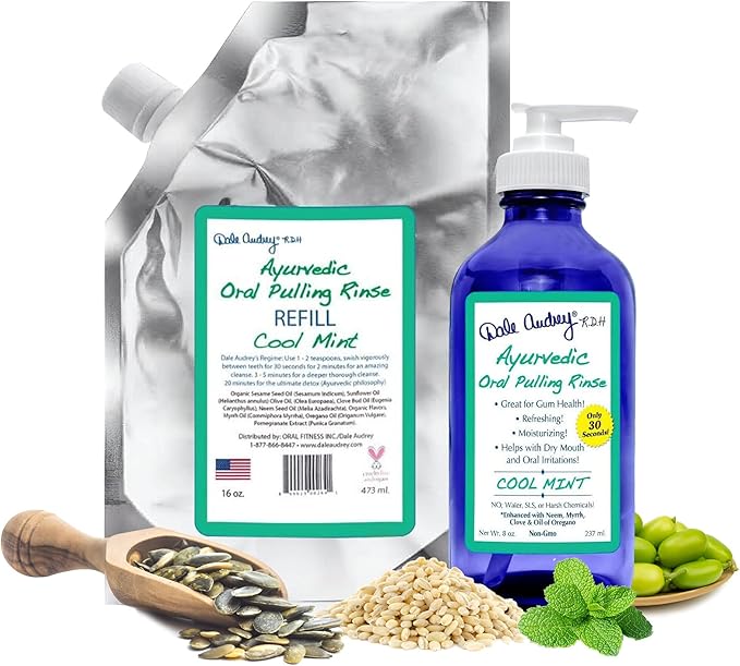 Natural Oil Pulling for Teeth and Gums | Organic Mint Flavored Oral Rinse Mouthwash for Bad Breath | Essential Oil & Teeth Whitening Gum for Freshen Breath | Cobalt Glass Bottle with Refill-16 FL Oz