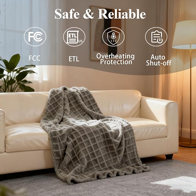 Heated Blanket Electric Throw, 50"X60" Heating Blanket Waffle with 12 Heat Levels, Fast Heating Blanket with 1-12 Timer, Overheat Protection with ETL & FCC for Bed Home Office Sofa (Light Gray）