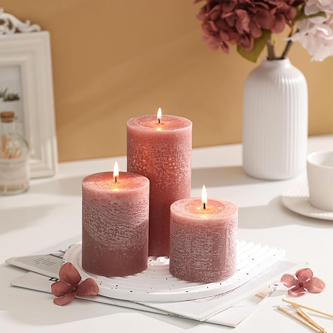 3x3 Inch Brown Pillar Candles Set of 3 - Unscented Candles, Long Clean Burning, Large Big Candle, Smokeless Dripless Pillar Candle for Dinner Table, Wedding, Home, Bathroom, Rustic Decor