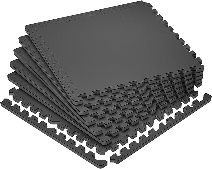 SUPERJARE 0.79'' Extra-Thick Exercise Equipment Mats, 6 Pcs 24 Sq Ft Rubber Top Floor Tiles with High Density EVA Foam, Interlocking Gym Flooring for Home Gym, Protective Workout Mat, Black