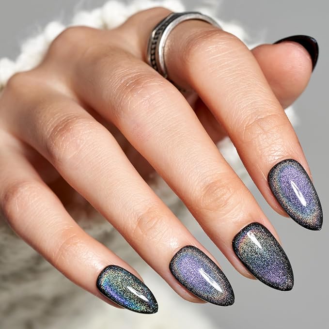 GLAMERMAID Black Blue Magnet Cat Eyes Press on Nails Short Almond, Laser Rainbow Handmade Gel Fake Nail Kit, Ombre Glitter Magnetic Glue on Nail Stiletto, Medium Oval Stick on False Nail Set for Women