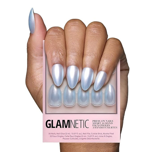 Glamnetic Press On Nails - Something Blue | Short Almond Fake Nails, Baby Blue with a Glossy Glazed Finish, Salon Quality | 15 Sizes - 30 Nail Kit with Glue