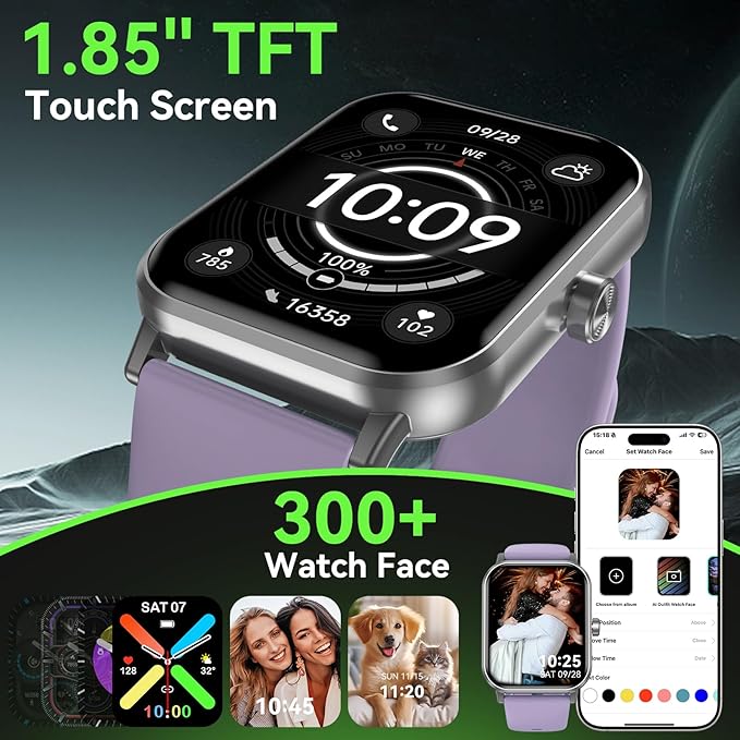 Smart Watch for Men Women, 1.85" HD Touchsreen Fitness Tracker, 120+ Sport Modes, 24/7 Heart Rate & Sleep Monitor, Pedometer, Calories, IP68 Waterproof, Fitness Watch for Android iPhone (Purple)