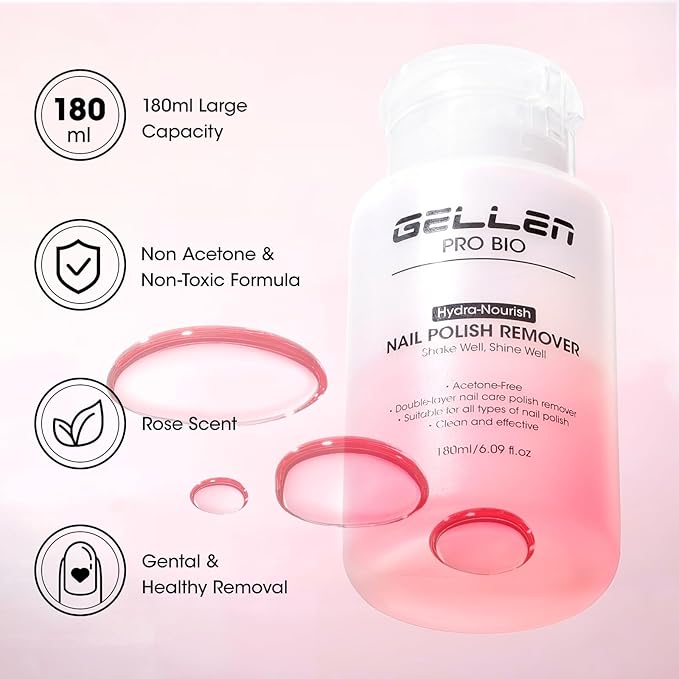 Gellen Nail Polish Remover, Non Acetone Rose Scent Nail Polish Remover, Dual-phase Hydrating Fingernail Polish Removal, Healthy Nourishing Nail Removal with Pump, Contains Vitamin E, 6.09 Fl Oz