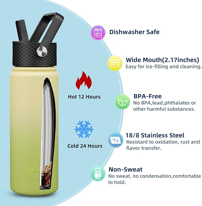 BJPKPK Insulated Water Bottles with Straw Lid, 22oz Cold & Hot Thermo, Stainless Steel Metal Water Bottle with 3 Lids, Reusable Thermo, Cups, Mugs for Daily Use-Avocado