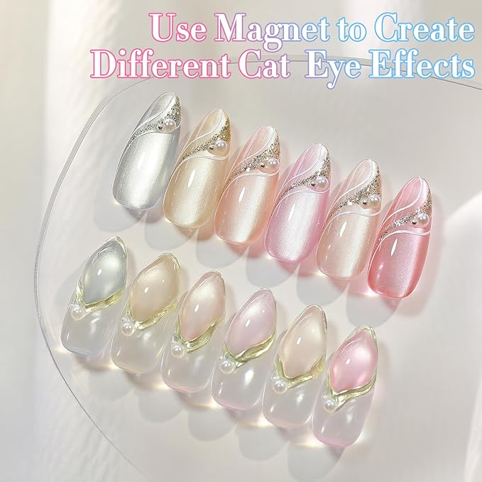 Double Rhythm Cat Eye Gel Nail Polish Set of 6 Same Color Same Bottle 0.5 Oz Shimmer Glitter with Magnet Holographic Reflective Magnetic UV Nail Polish Kit at Home (Silver Nude Pink-T6-27)