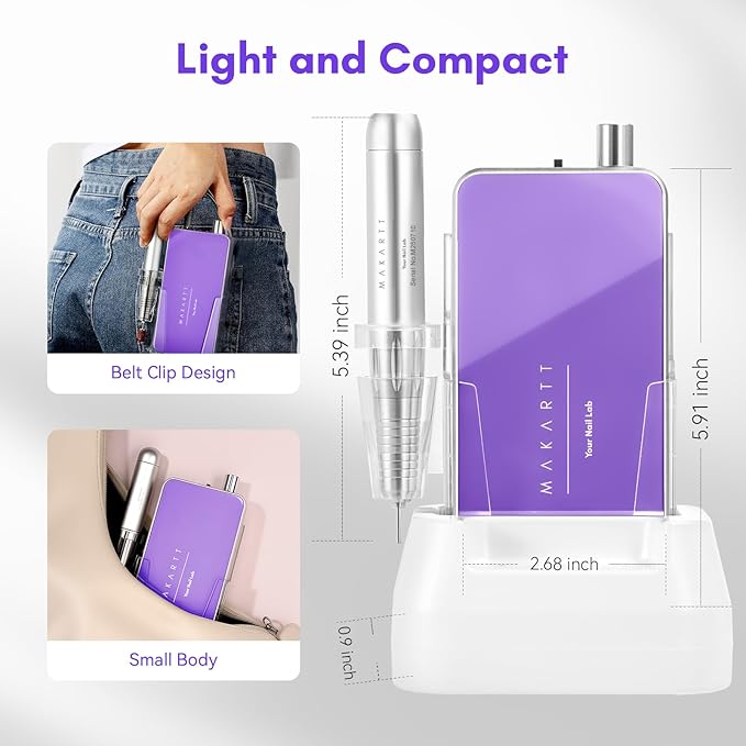 Makartt Professional Nail Drill - 35000RPM Electric Nail File with 60W Coreless Motor, 2 in 1 Desktop & Portable Rechargeable E File with Drill Bits and LCD Display, Nouvella Purple
