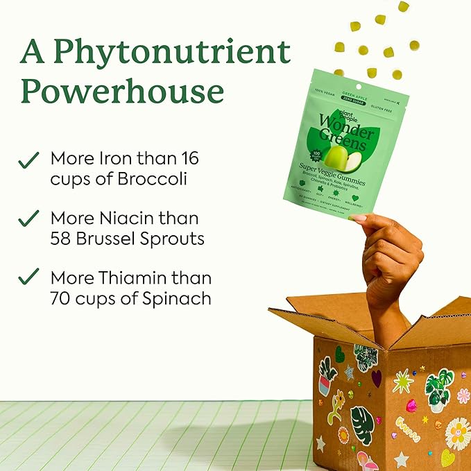 Plant People WonderGreens Veggie Gummies Super Greens with Probiotics Multivitamin Support Gummy for Wellbeing, Energy, Immune and Gut Health, Green Apple Flavor (60 Count)