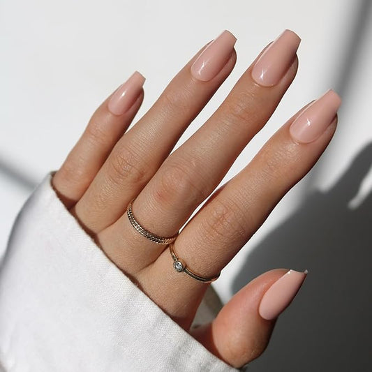 Glamnetic Press On Nails - Exposed | Medium Coffin Fake Nails, Nude Opaque Neutral, Salon Quality | 15 Sizes - 30 Nail Kit