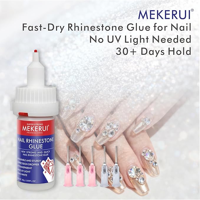 Quickly Dry Rhinestone Glue for Nail – No UV Needed – Precision Dropper + Needle – 30+ Days Clear Hold – Nail Art Rhinestones Design Tools