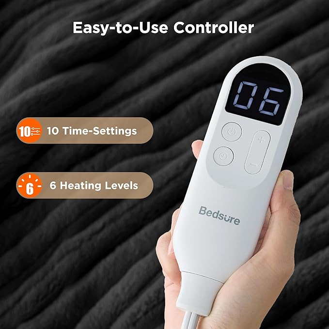 Bedsure Electric Blanket Twin - Thick Striped Flannel Electric Blanket, Heating with 10 Time Settings, 6 Heat Settings, and 8-Hour Timer Auto Shut Off, Gifts for Grandma (62x84 inches, Black)