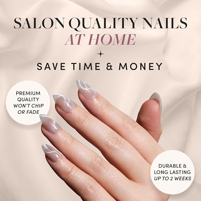 Glamnetic x GLAMZILLA Press On Nails - WOO-MAN! | Gray Short Almond Fake Nails with Velvet Cat Eye, Salon Quality, Everyday | 15 Sizes - 30 Nail Kit with Glue