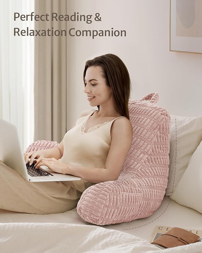 Blissful Diary Reading Pillow, Large Backrest Pillow with Shredded Memory Foam for Adult & Children, Designed for Bed and Couch Sitting Up, Includes Arms, Pockets and Washable Cover, Pale Pink