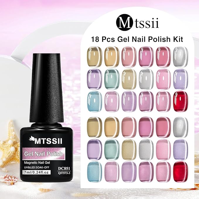 MTSSII 18PCS Cat Eye Gel Nail Polish Set with Magnet, Sea Spirit Magic Cateye Gel Polish Pink Green Blue Yellow Glitter Shinny Magnetic Nail Polish Soak Off LED Manicure Nail Art