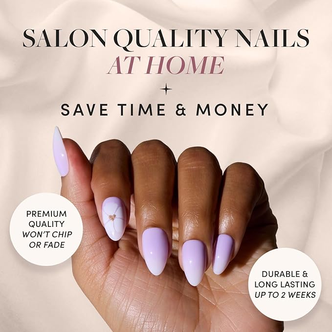 Glamnetic Press On Nails - Lilac Reef | Short Almond Purple Fake Nails with Flower Accents, Salon Quality Summer Nails | 15 Sizes - 30 Nail Kit with Glue