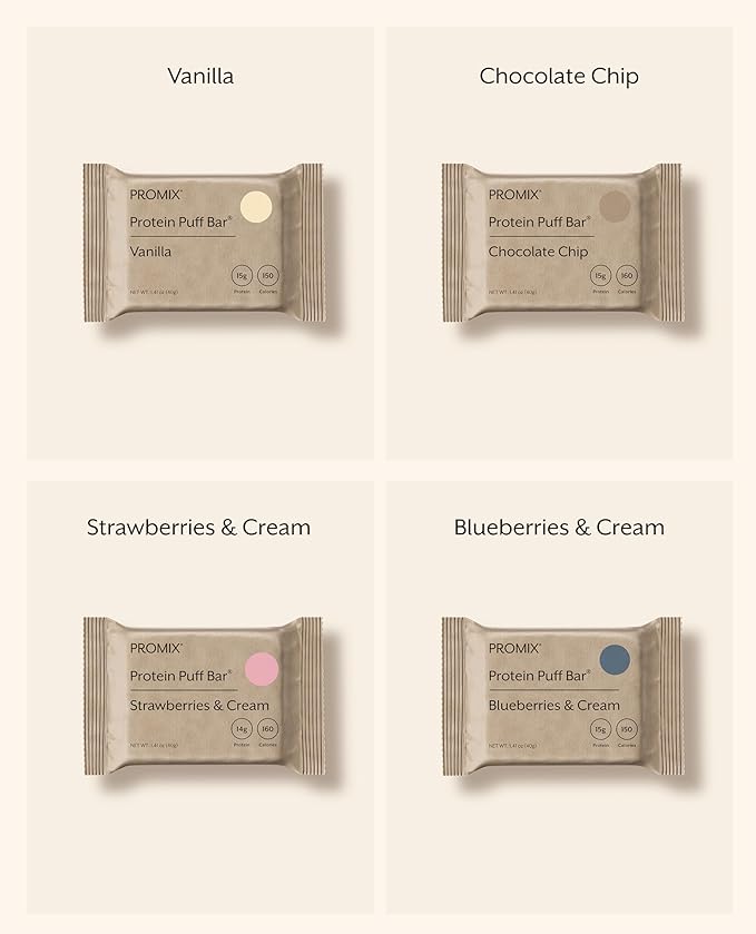 ProMix Nutrition Protein Puff Bars - Variety Pack - Vanilla, Chocolate, Strawberry, Blueberry - Marshmallow Crispy Treat - High Protein & Low Calorie - 12 Bars