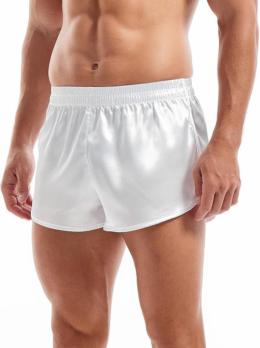 AMY COULEE Mens Satin Shorts Silk Boxers Sexy Split Side Lounge Shorts 3 Inch Pajama bottoms