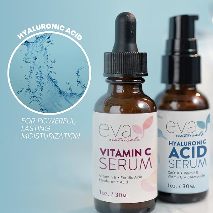 Eva Naturals Hydrate & Brighten Serum Set – Vitamin C with Ferulic Acid & Vitamin E + Hyaluronic Acid for Face, Dark Spots, Wrinkles, Uneven Tone, Anti-Aging Skincare Bundle for Radiance & Moisture