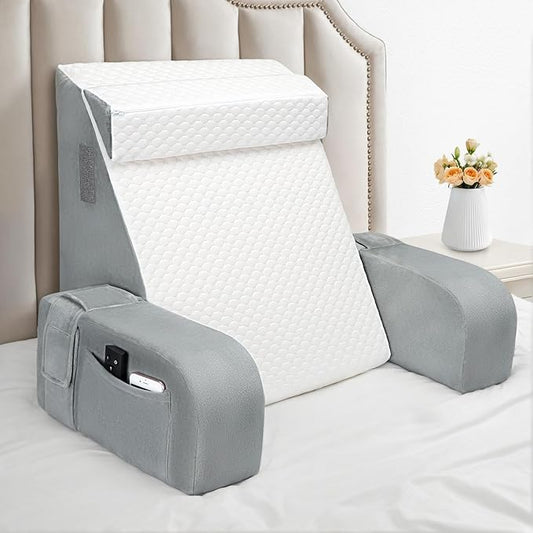 Reading Pillow for Sitting in Bed Adult, Back Pillow for Bed Sitting up, Reading & Bed Rest Pillows for Watching (White/Gray)