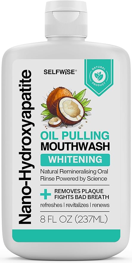 Nano-Hydroxyapatite Oil Pulling Whitening Mouthwash for Teeth and Gums, Natural & Organic, Whitens Teeth, Strengthens Enamel, Fights Bad Breath & Plaque – Smooth & Non-Greasy – for Adults & Kids