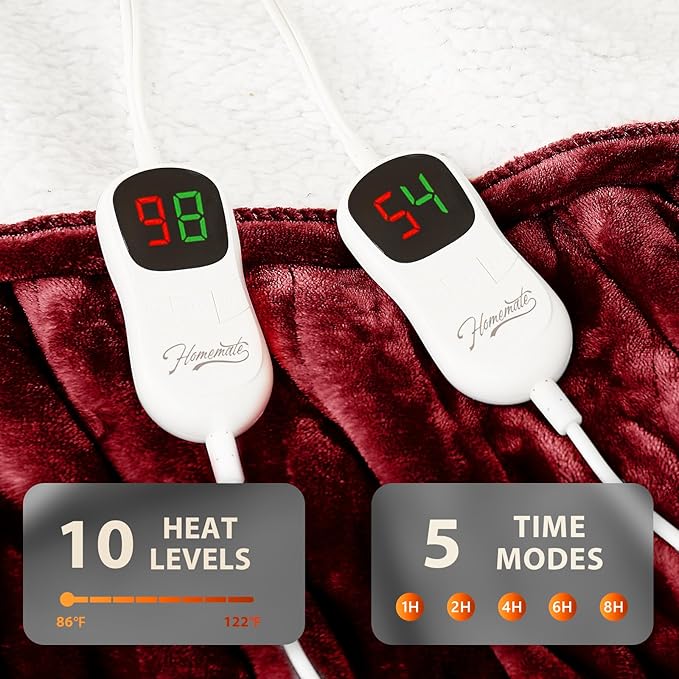 Homemate Electric Heated Blanket King - 100"x90" Heating Bed Blankets Throw with 10 Heating Levels 8 Hours Auto Off Fast Heating Over-Heated Protection Ultra Soft Warm Flannel ETL Certified Red