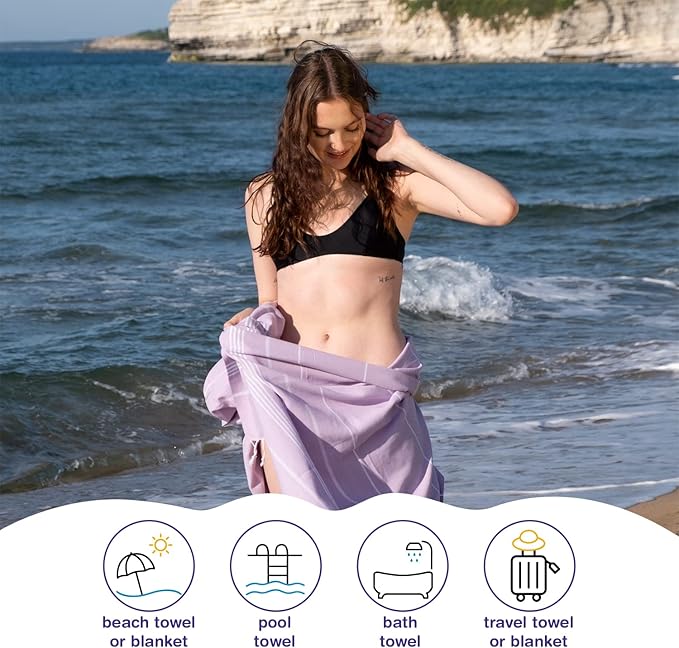 Turkish Beach Towels, Bulk Case of 24 | Oversized, Quick Dry, Sand Free | 100% Cotton, Large 38x71 Towels for Beach, Pool, Travel | Ultra-Soft, Compact, Absorbent | Lilac