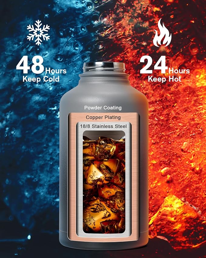 64 oz Insulated Water Bottle,Half Gallon Water Flask Stainless Steel Vacuum, Cold for 48 Hrs,BPA-Free & Leakproof -with Paracord Handle, Strap,Straw Spout Lids,Large Jug for Gym,Grey