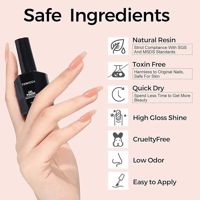 TOMICCA Nude Gel Nail Polish - Clear, Jelly, Translucent Nude - Quick Dry, Long Lasting UV Neutral Gel Polish for Nail Art Manicure