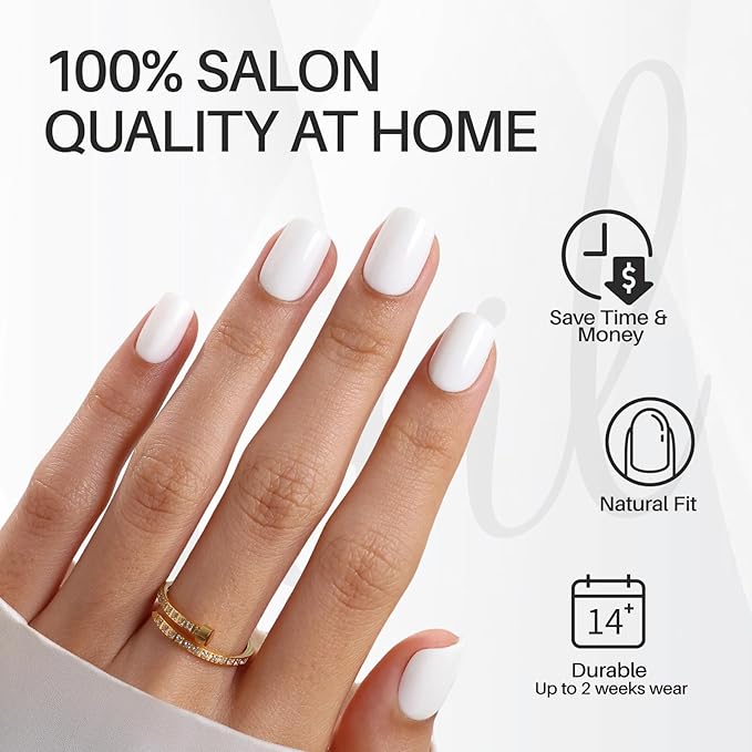 White Press on Nails Short - Soft Gel Square Press on Nails for Women Gift, Fit Perfectly & Natural Glue on Nails in 16 Sizes - 32 Reusable Fake Nails Kit with Glue, Classic White