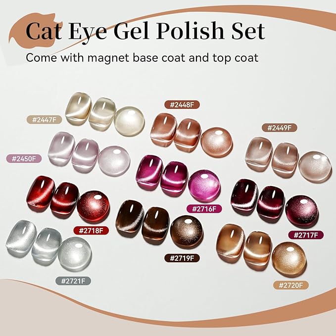 JODSONE Cat Eye Gel Nail Polish Set Pink Rose Red Sliver Collection 10 Colors Holographic Sparkle Cat Eye with Base Coat Top Coat Magnet DIY Nail Art Gift