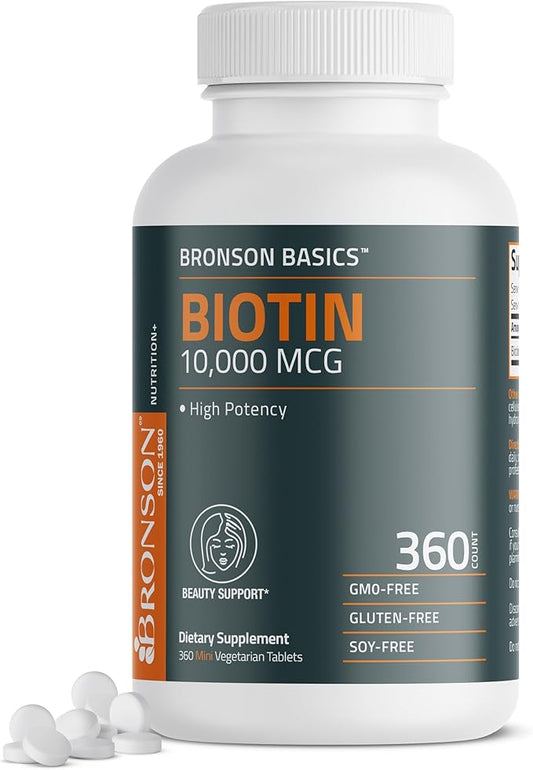 Bronson Biotin 10,000mcg, Supports Healthy Hair, Skin and Nails, Vegetarian, Non-GMO, 360 Tablets