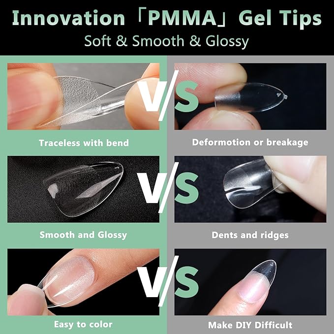 Extra Short Almond Nail Tips, 216pcs Acrylic Soft Fake Nails Gel Nail Tips, Full Cover Pre-Shaped Matte Clear Press on Nails for Extension, Diy at Home Manicure 12 Sizes