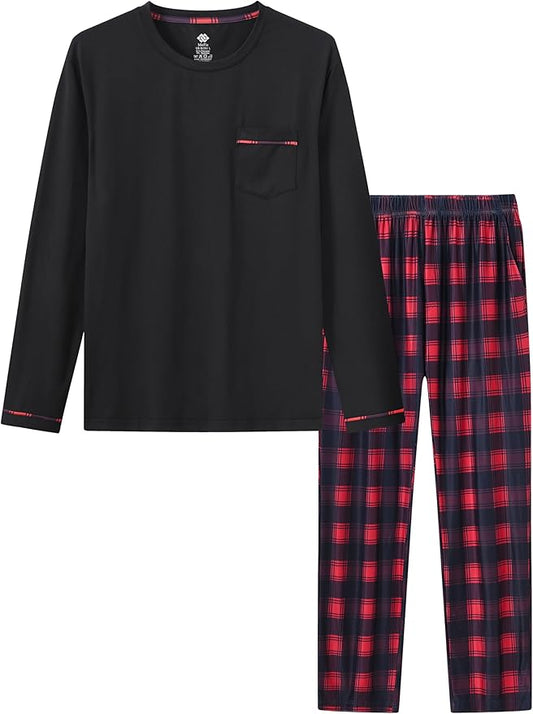 MoFiz Men's Pajamas Plaid Sets Sleepwear Sleep Long Sleeve Shirts and Pants Pajama Set Soft Mens Pjs Lounge Set with Pockets